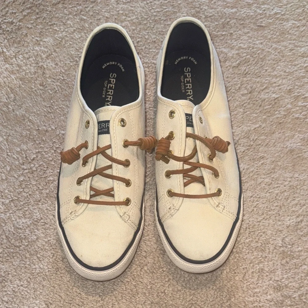 Sperry Off-White Canvas Shoes with Tan Laces - Picture 1 of 7